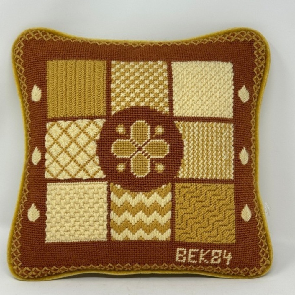 Vintage Handmade Needlepoint Patchwork Throw Pillow Brown Gold Velvet MCM Decor